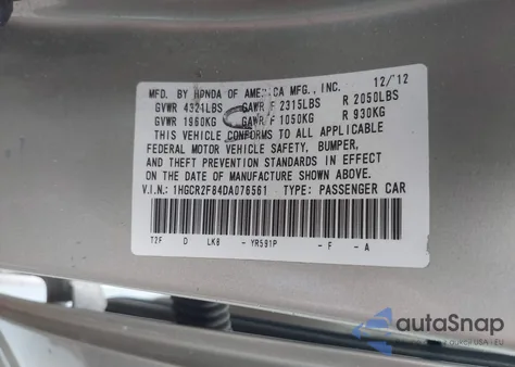 2013 Honda Accord Sdn Ex-L z USA, uszkodzony, nr VIN 1HGCR2F84DA076561